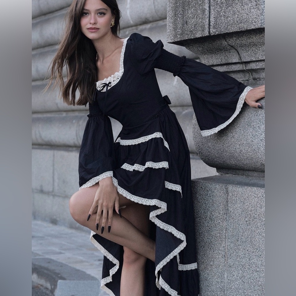 Lace Made Black Lace-Trim Maxi Dress with Bell Sleeves